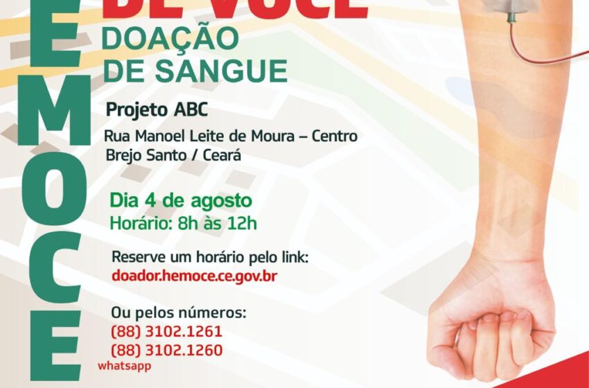  Hemoce realiza coleta de Sangue dia 04 de Agosto em Brejo Santo