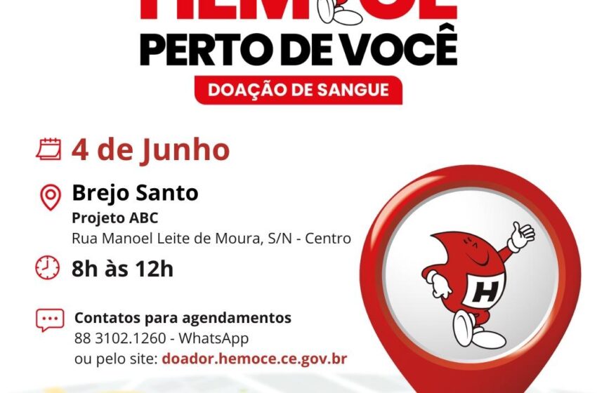  Brejo Santo: Dia 04 de Junho tem coleta de Sangue do HEMOCE.