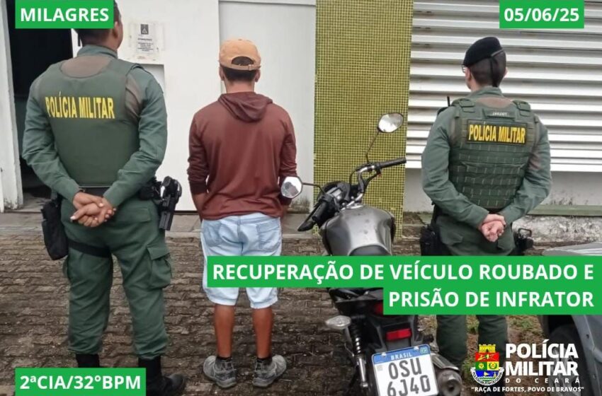  Milagres: Polícia Militar recupera moto roubada.